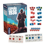 Board game packaging for 'España 1936' by Devir with components displayed.