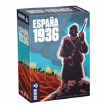 Board game box titled 'España 1936' by Devir with a silhouette of a figure holding a rifle on a white background.