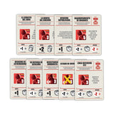 Set of historical strategy game cards with player icons and text on a white background