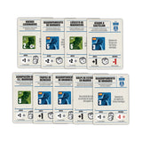 Collection of strategy game cards with various icons and text on a white background
