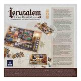 Board game packaging for 'Jerusalem Anno Domini' by Devir with game pieces and rules.