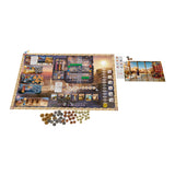 Board game with pieces and a map on a white background