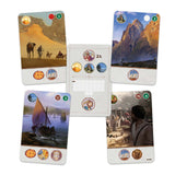 Set of board game cards with scenic illustrations and icons on a white background
