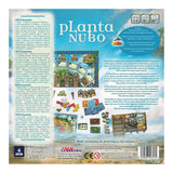 Back cover of a board game packaging titled 'Planta Nubo' with illustrations and text.