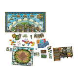 Board game components including a board, cards, and pieces on a white background