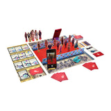 Board game with characters, cards, and phone on a white background