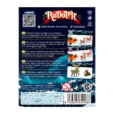 Back of a Rudolph toy packaging with Christmas-themed illustrations and text.