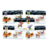 Set of Christmas-themed game cards with reindeer and sleighs on a snowy background