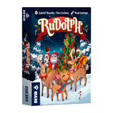 Board game box for 'Rudolph' featuring Santa Claus and reindeer against a snowy background.