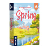 Board game box titled 'Spring' by Devir with a colorful illustration of a village scene.