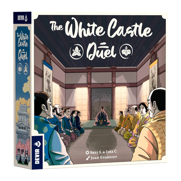 Board game box for 'The White Castle Duel' with illustrated scene and Devir branding.