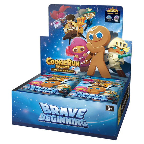 Cookie Run Braveverse trading card game packaging with characters on a blue background