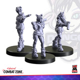 Three gray figurines on black bases with 'Cyberpunk Combat Zone' branding.