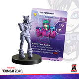 Figurine and game card from Cyberpunk Combat Zone on a white background