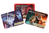 Four cards from a game with graphic and text design on a white background