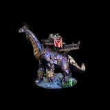 Steampunk-style dinosaur figure with mechanical elements on a black background