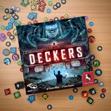 Board game box for 'Deckers' with colorful game pieces on a wooden surface