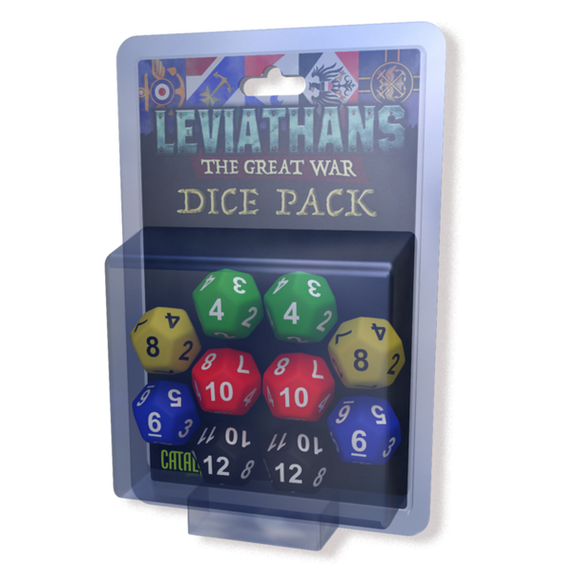 Dice pack with colorful dice in a clear plastic packaging on a white background