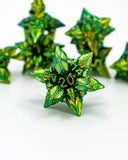 Green polyhedral dice with '20' on a white background