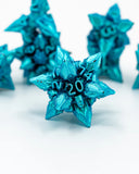 Turquoise polyhedral dice with 'd20' on a white background