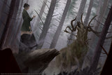 Woman in a green coat standing in a forest with a creature resembling a deer with antlers.