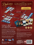 Back cover of 'The Diplomacy Golden Blade Card Game' with game components and branding.