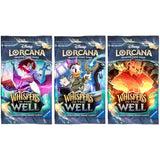 Three packs of Disney Lorcana trading card game 'Whispers in the Well' on a white background