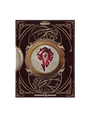 A collectible card or comic book from the World of Warcraft and Dungeons & Dragons universes, featuring a dark brown cover with gold ornate borders and a central red Horde symbol.