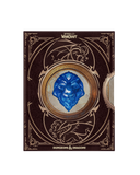 World of Warcraft Dungeons & Dragons box art featuring a dark brown background with ornate gold circular designs and a central blue gemstone lion emblem.