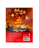 Back cover of a Wizards of Cothinas 'Roll for Azeroth' product package, featuring dramatic fantasy artwork of a fiery red demon creature over a red and orange battlefield, with product details and a barcode on a red background at the bottom.
