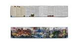 An open rulebook and a long illustrated panorama print displayed side by side on a white background. The top item shows multiple pages of text and game tables, while the bottom item is a wide fantasy landscape artwork with castles, sea, dragons, and figures.