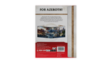 The back cover of the Warlord Games 'For Azeroth!' board game box, featuring product details, a central fantasy cityscape illustration, and a red footer with logos and a barcode.