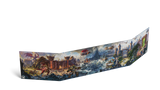 A long, narrow printed display panel or poster showing a fantasy battle scene with towers, sea, dragons, and flying creatures, photographed on a plain white background.