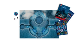 A Wizards of the Coast Magic: The Gathering game accessory set featuring a large blue stone gateboard map, two character tokens, two character cards, and two sticker sheets on a plain white background.