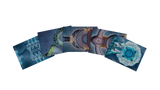 A set of six fantasy-themed map tiles or cards fanned out on a plain white background. The cards feature detailed illustrations of stone structures, gears, and icy blue scenes in shades of blue, gray, purple, and teal.