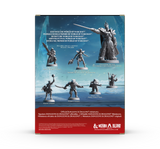 The back of a boxed product featuring fantasy miniature figures, with the text 'Step Up in the World of Warcraft' and several illustrated/photographic renderings of dragon-themed miniatures on a blue icy background, plus a red band at the bottom with branding.