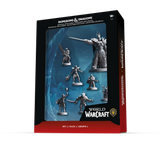 World of Warcraft Dungeons & Dragons miniature set 2 pack 1 box, showing fantasy warrior miniatures through a blue-tinted window on a black and red retail box.
