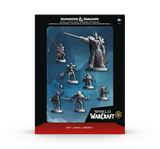 Boxed set packaging for Dungeons & Dragons 5th Edition World of Warcraft miniatures, showing a black and red box with a blue window and several gray painted fantasy character models visible inside.