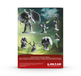 The back of the official Wizards of Coth & Dragon's World of Warcraft miniatures box, showcasing various grey plastic fantasy character models against a green illustrated background with a red footer.