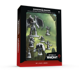 World of Warcraft Dungeons & Dragons Set 1 miniatures pack box, featuring a black and red packaging design with a window displaying unpainted gray fantasy character models.