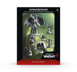 Officially licensed World of Warcraft Dungeons & Dragons Set 1 (Pack 1) miniatures box set, featuring a collection of gray unpainted fantasy warrior and dragon miniatures displayed on a black and red box.
