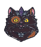 Cat-shaped enamel pin with butterfly details on a white background