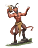 Illustration of a satyr-like creature holding a mug on a white background