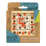 Bamboo puzzle packaging with 'eco' branding and 'The Great Coral Maze' title.