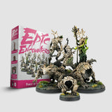 Wargame figurines with 'Epic Encounters' packaging on a light gray background