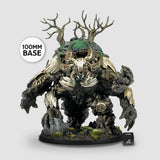 Monster figurine with antlers on a white background, featuring a 100mm base label.