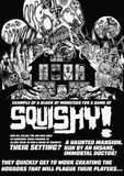Black and white illustration of a haunted mansion with text about 'Squishy!' game