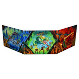 A colorful, multi-panel display or backdrop featuring vibrant fantasy illustrations, including a central green scene with characters and a red scene on the right, set against a plain white background.