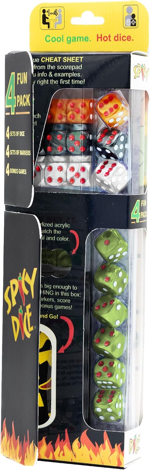 Spicy Dice packaging with dice and cheat sheet, featuring red, green, and white dice.