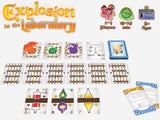 Board game set 'Explosion in the Laboratory' with cards and components on a white background